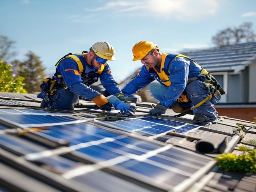 Techniciens installant des panneaux solaires